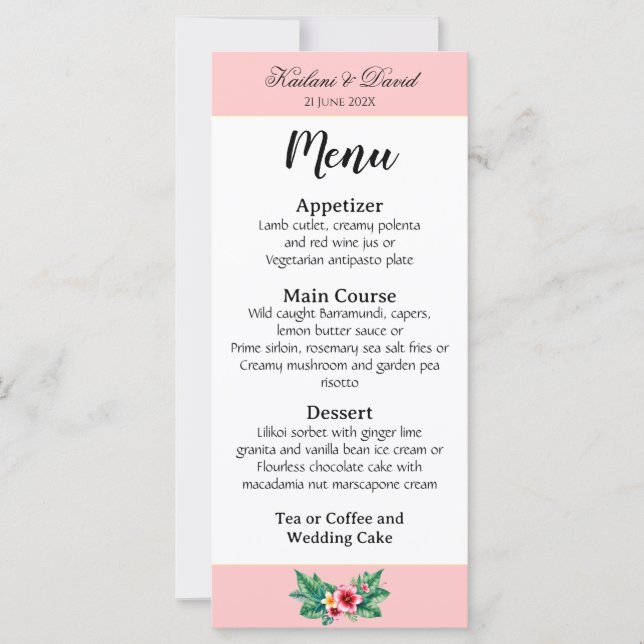Tropical Floral wedding theme menu card (Front)