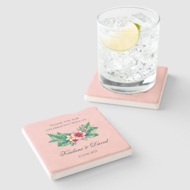 Tropical floral wedding theme stone coaster (Side)