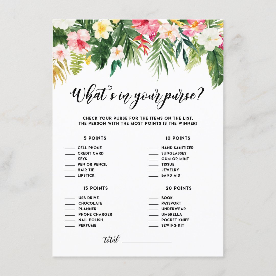 Tropical Floral What's in Your Purse Shower Game Enclosure Card | Zazzle