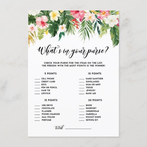 Tropical Floral Whats in Your Purse Shower Game Enclosure Card