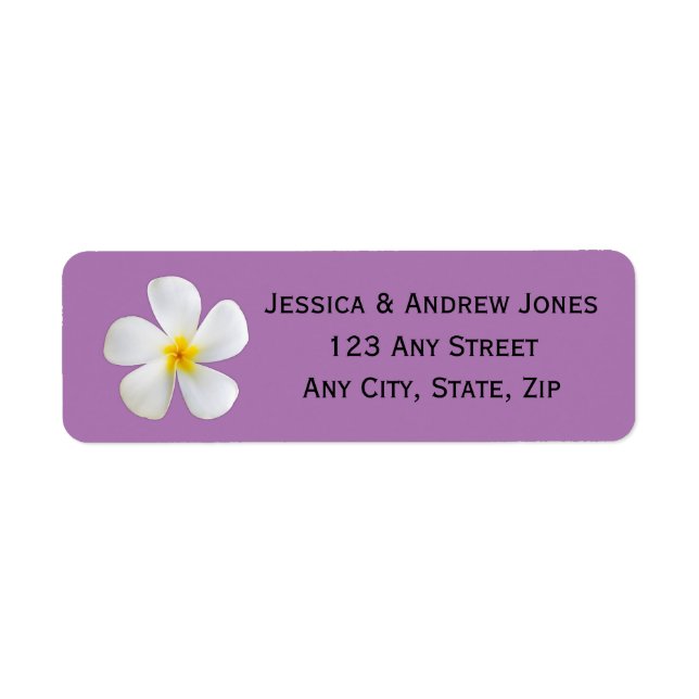 Tropical Floral, White Plumeria, Lavender, Wedding Label (Front)