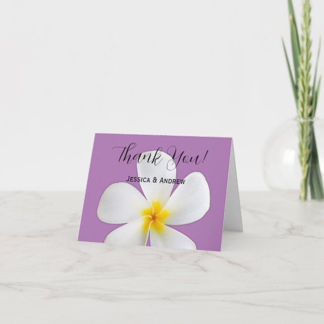 Tropical Floral, White Plumeria, Lavender, Wedding Thank You Card (Front)