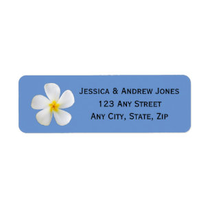 Tropical Floral, White Plumeria on Blue, Wedding Label