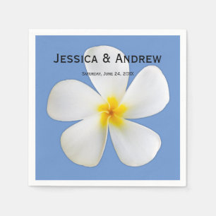 Tropical Floral, White Plumeria on Blue, Wedding Napkins