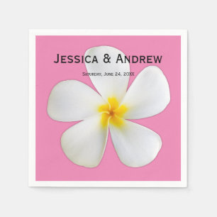 Tropical Floral, White Plumeria on Pink, Wedding Napkins