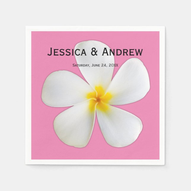 Tropical Floral, White Plumeria on Pink, Wedding Napkins (Front)