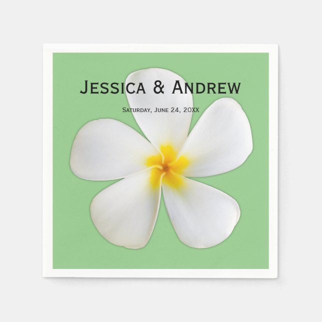 Tropical Floral, White Plumeria on Sage, Wedding Napkins (Front)