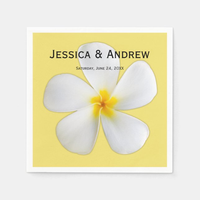 Tropical Floral, White Plumeria on Yellow, Wedding Napkins (Front)