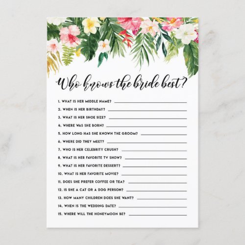 Tropical Floral Who Knows the Bride Best Game Enclosure Card
