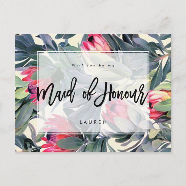 tropical floral will you be my maid of honor announcement postcard (Front)