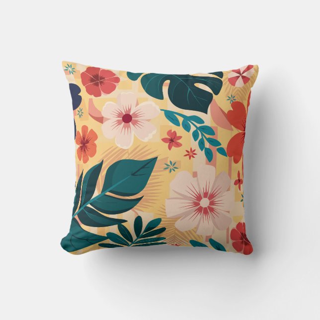 Tropical Floral with Bold Leaves and Flowers Throw Pillow (Front)
