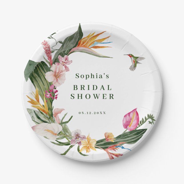Tropical Floral Wreath Bridal Shower Invitation Paper Plates (Front)