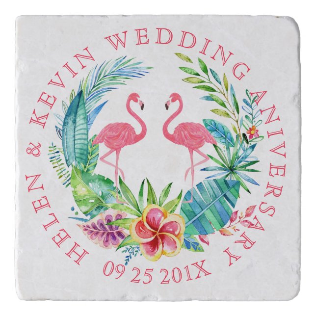 Tropical floral wreath flamingos anniversary trivet (Front)