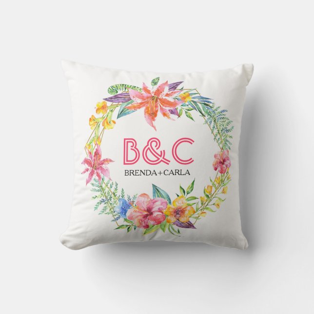 Tropical floral wreath gold geometric frame throw pillow (Front)