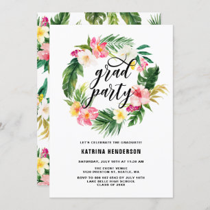 Tropical Floral Wreath Graduation Luau Party Invitation