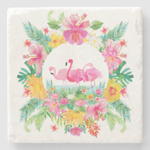 Tropical Floral Wreath & Pink Flamingos Stone Coaster
