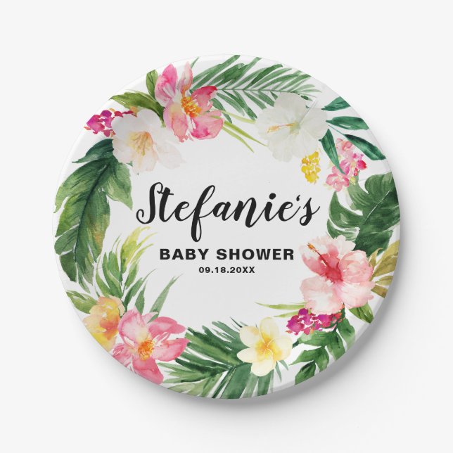 Tropical Floral Wreath Summer Baby Shower Paper Plates (Front)