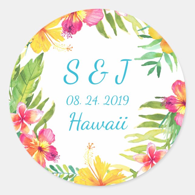 Tropical Floral Wreath Wedding Favor Sticker (Front)