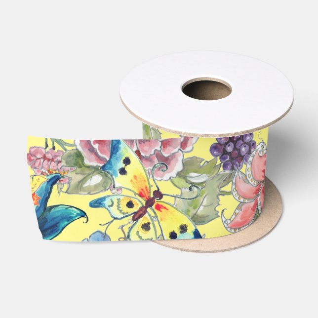 Tropical Floral Yellow Butterfly Oriental Garden Satin Ribbon (Spool)