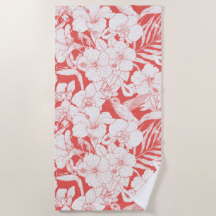 Tropical Florals and Hummingbird in coral and off Beach Towel
