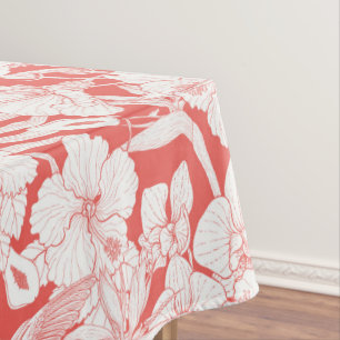 Tropical Florals and Hummingbird in coral and off Tablecloth