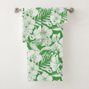 Tropical Florals and Hummingbird in green and off Bath Towel Set
