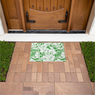 Tropical Florals and Hummingbird in green and off  Doormat