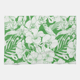 Tropical Florals and Hummingbird in green and off Kitchen Towel