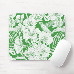 Tropical Florals and Hummingbird in green and off Mouse Pad