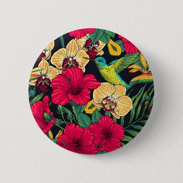 Tropical Florals and Hummingbird - Summer Botanica Button (Front)
