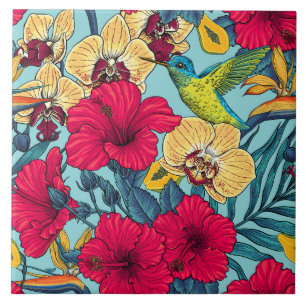 Tropical Florals and Hummingbird - Summer Botanica Ceramic Tile