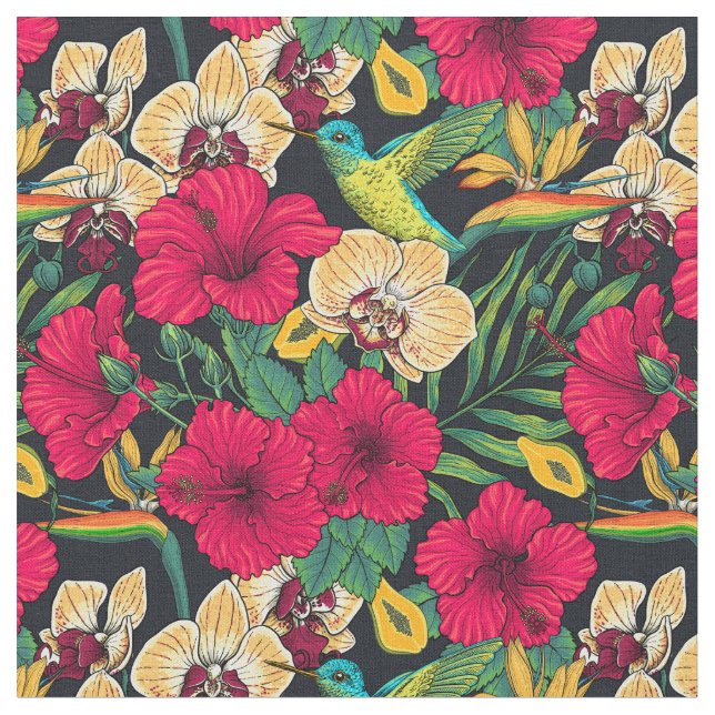 Tropical Florals and Hummingbird - Summer Botanica Fabric (Close Up)