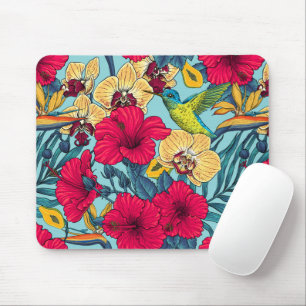 Tropical Florals and Hummingbird - Summer Botanica Mouse Pad