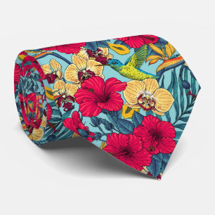 Tropical Florals and Hummingbird - Summer Botanica Neck Tie