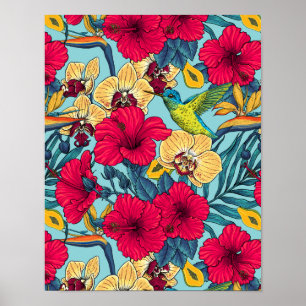 Tropical Florals and Hummingbird - Summer Botanica Poster