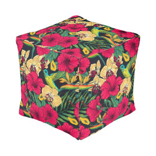 Tropical Florals and Hummingbird - Summer Botanica Pouf