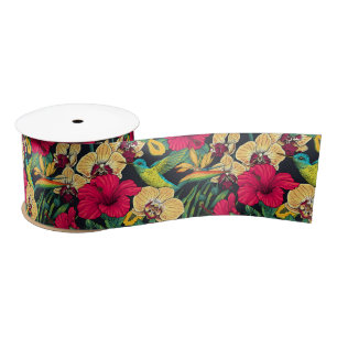 Tropical Florals and Hummingbird - Summer Botanica Satin Ribbon