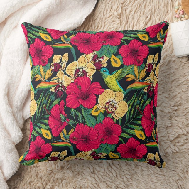 Tropical Florals and Hummingbird - Summer Botanica Throw Pillow (Blanket)