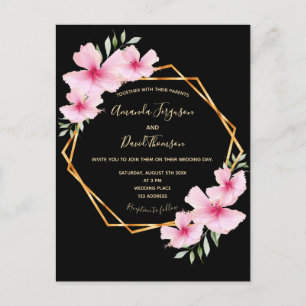 Tropical florals black gold geometric wedding invitation postcard