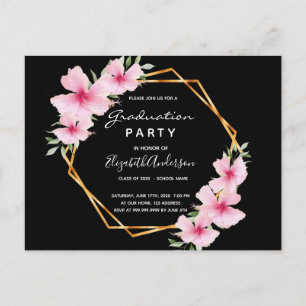 Tropical florals black graduation party invitation postcard