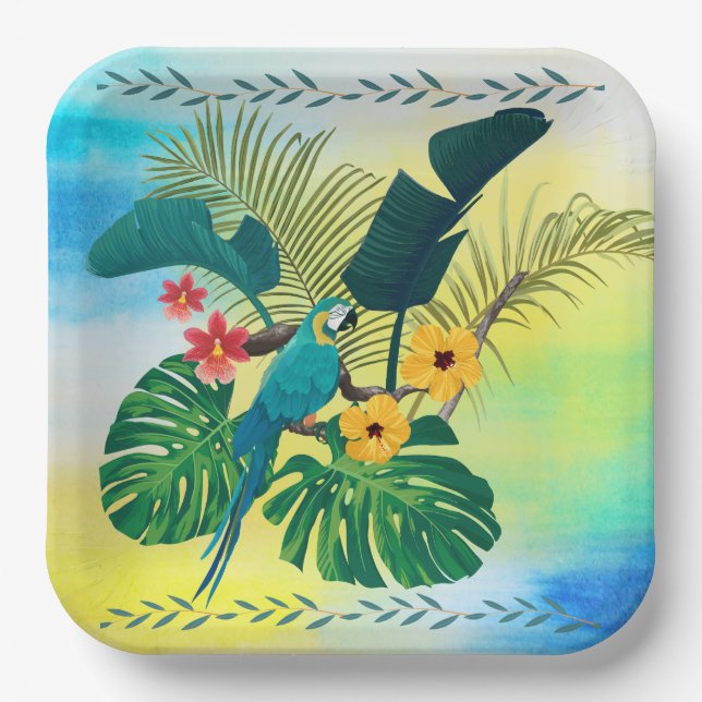 Tropical Florals Leaves Parrot Paper Plates (Front)