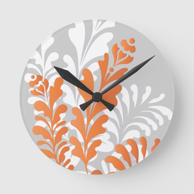 Tropical Florals Orange, White & Gray Customizable Round Clock (Front)