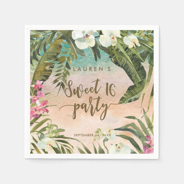 tropical florals sweet 16 party napkins (Front)