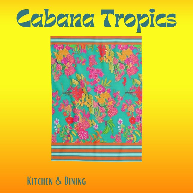Tropical Florals Teal, Orange, Yellow with Trim  Kitchen Towel (Creator Uploaded)