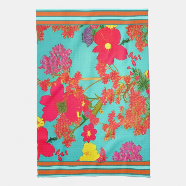 Tropical Florals Teal, Orange, Yellow with Trim  Kitchen Towel (Vertical)