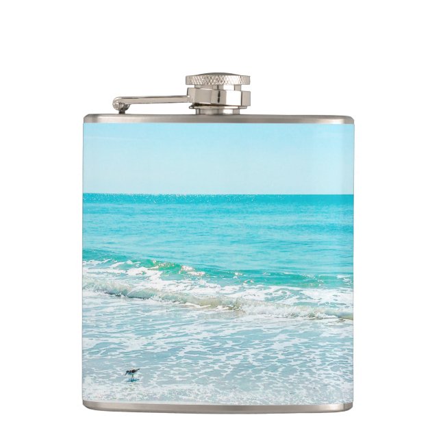 Tropical Florida Beach Sand Ocean Waves Sandpiper Flask (Front)