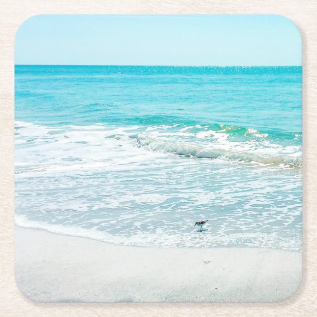 Tropical Florida Beach Sand Ocean Waves Sandpiper Square Paper Coaster (Front)