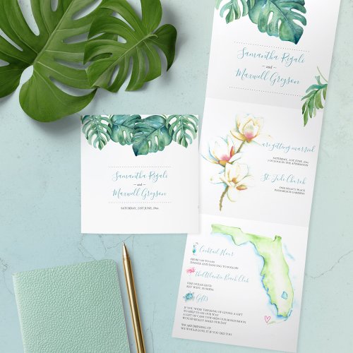 Tropical Florida Magnolia Watercolor All In One Tri_Fold Invitation