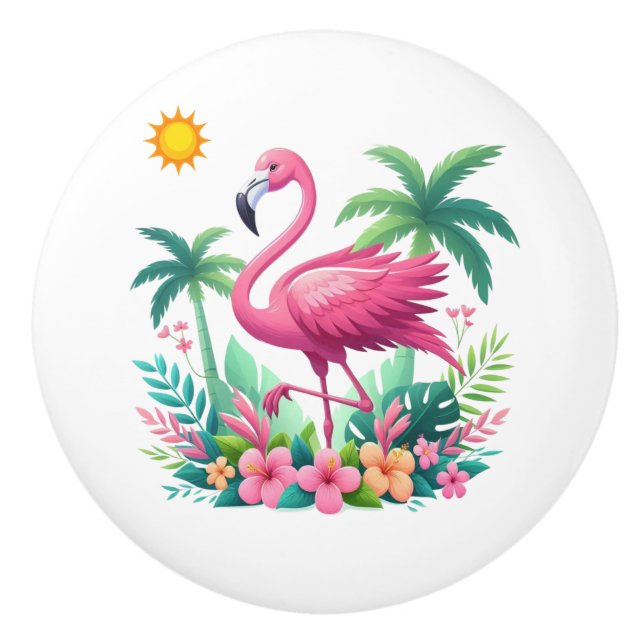 Tropical/Florida pink flamingo Ceramic Knob (Front)