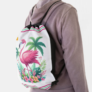 Tropical/Florida pink flamingo Drawstring Bag